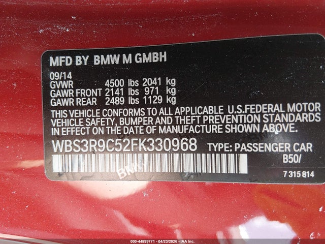 Продаж на аукціоні авто 2015 Bmw M4, vin: WBS3R9C52FK330968, номер лоту: 44899771