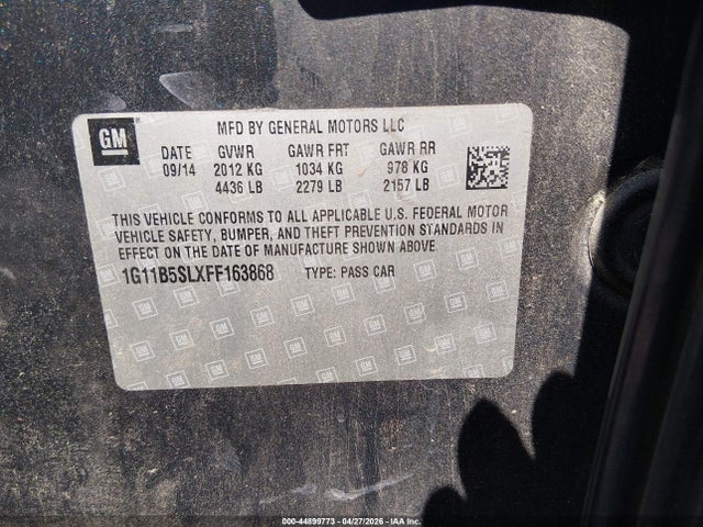 44899773 :رقم المزاد ، 1G11B5SLXFF163868 vin ، 2015 Chevrolet Malibu Ls مزاد بيع