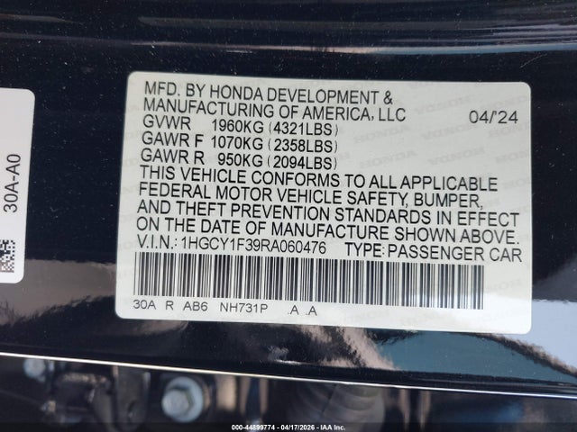 1HGCY1F39RA060476 Honda ACCORD EX