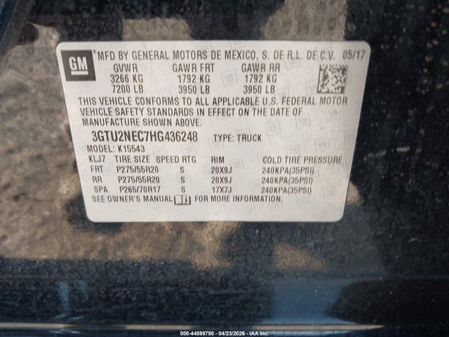 Aukcja sprzedaży 2017 Gmc Sierra 1500 Slt, vin: 3GTU2NEC7HG436248, numer aukcji: 44899790