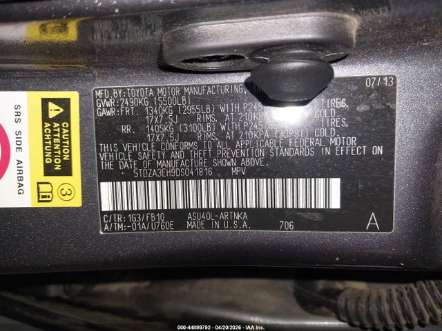 Продаж на аукціоні авто 2013 Toyota Highlander, vin: 5TDZA3EH9DS041816, номер лоту: 44899792