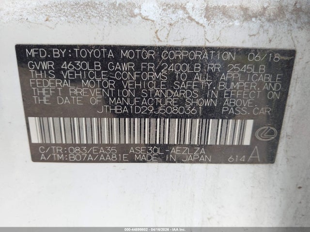 Aukcja sprzedaży 2018 Lexus Is 300, vin: JTHBA1D29J5080361, numer aukcji: 44899802