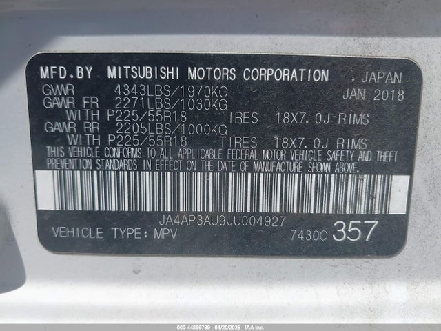 JA4AP3AU9JU004927 Mitsubishi Outlander Sport 2.0 Le