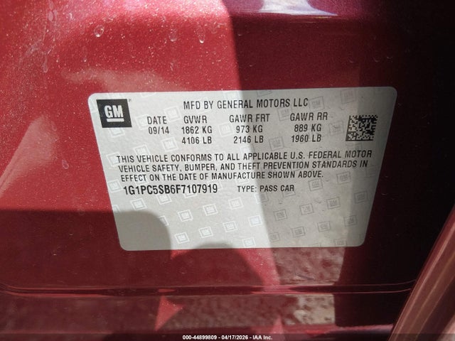 44899809 :رقم المزاد ، 1G1PC5SB6F7107919 vin ، 2015 Chevrolet Cruze 1lt Auto مزاد بيع