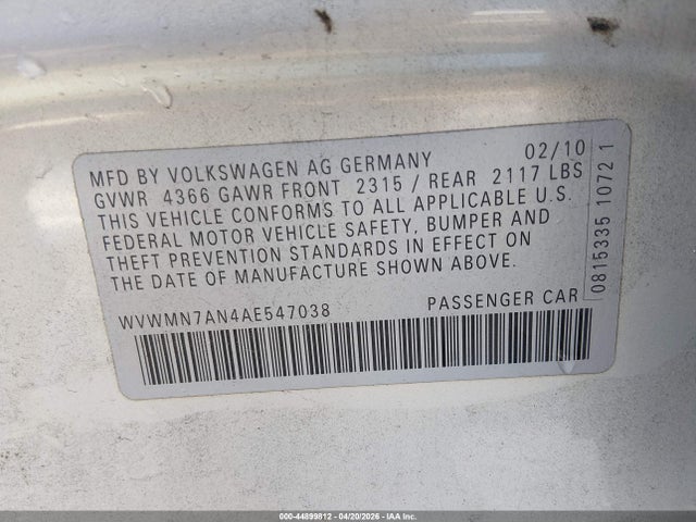 Продаж на аукціоні авто 2010 Volkswagen Cc Sport, vin: WVWMN7AN4AE547038, номер лоту: 44899812
