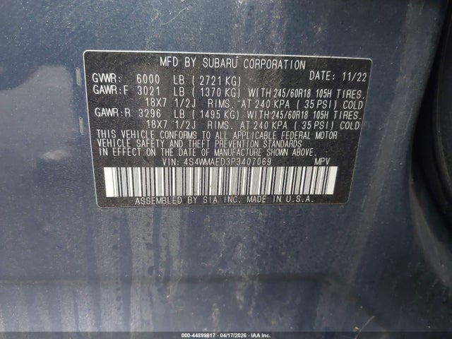 44899817 :رقم المزاد ، 4S4WMAED3P3407069 vin ، 2023 Subaru Ascent Premium 7-passenger مزاد بيع