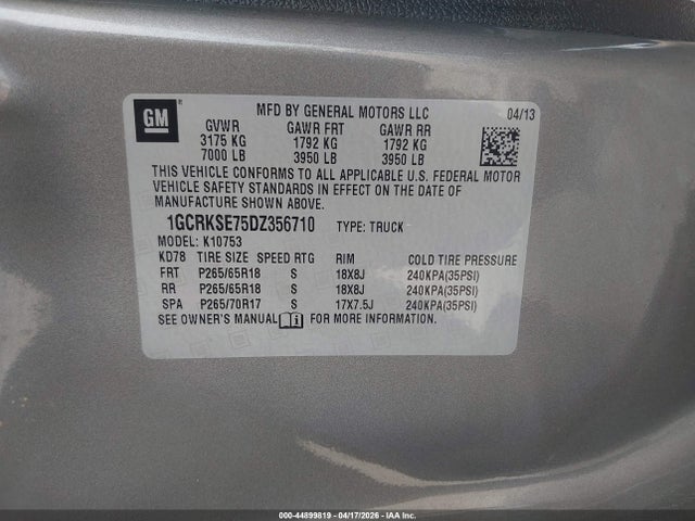 44899819 :رقم المزاد ، 1GCRKSE75DZ356710 vin ، 2013 Chevrolet Silverado 1500 Lt مزاد بيع
