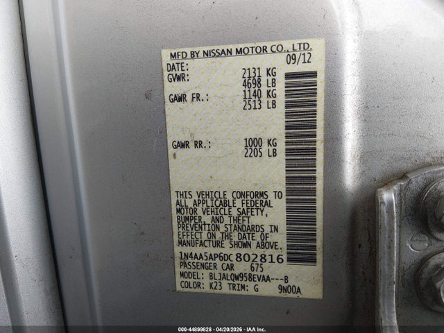 2013 Nissan Maxima 3.5 S მანქანა იყიდება აუქციონზე, vin: 1N4AA5AP6DC802816, აუქციონის ნომერი: 44899828
