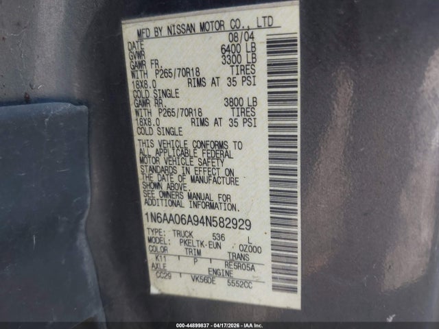 Aukcja sprzedaży 2004 Nissan Titan Se, vin: 1N6AA06A94N582929, numer aukcji: 44899837