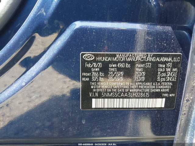 Продаж на аукціоні авто 2020 Hyundai Santa Fe Limited 2.0t, vin: 5NMS5CAA3LH228615, номер лоту: 44899849