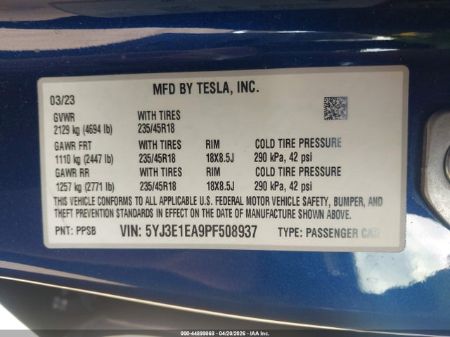 Aukcja sprzedaży 2023 Tesla Model 3 Rear-wheel Drive, vin: 5YJ3E1EA9PF508937, numer aukcji: 44899868