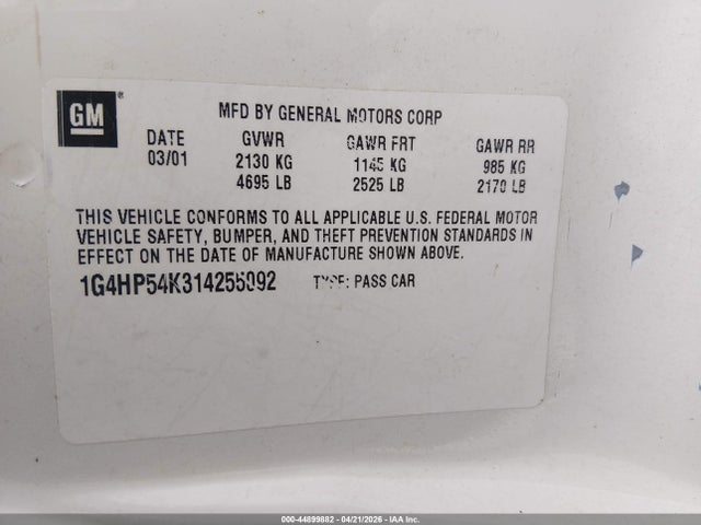 2001 Buick Lesabre Custom მანქანა იყიდება აუქციონზე, vin: 1G4HP54K314255092, აუქციონის ნომერი: 44899882
