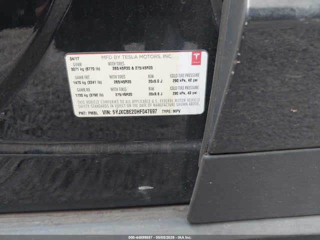 44899887 :رقم المزاد ، 5YJXCBE20HF047697 vin ، 2017 Tesla Model X 100d/75d/90d مزاد بيع