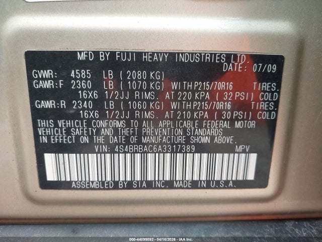 Продаж на аукціоні авто 2010 Subaru Outback 2.5i, vin: 4S4BRBAC6A3317389, номер лоту: 44899892
