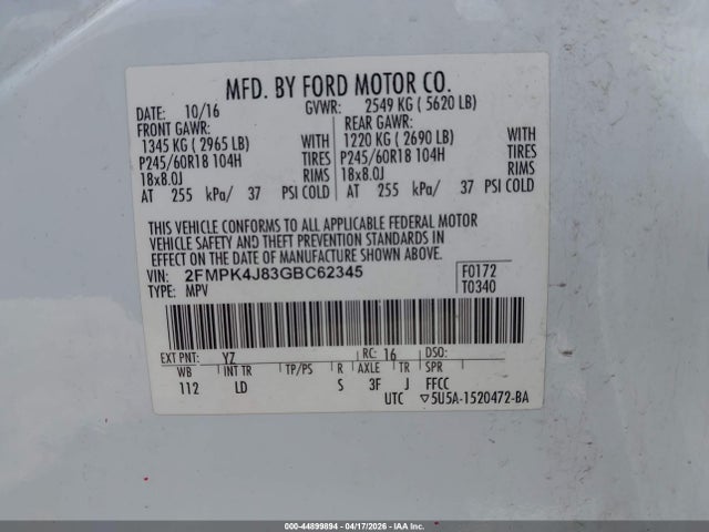 Aukcja sprzedaży 2016 Ford Edge Sel, vin: 2FMPK4J83GBC62345, numer aukcji: 44899894