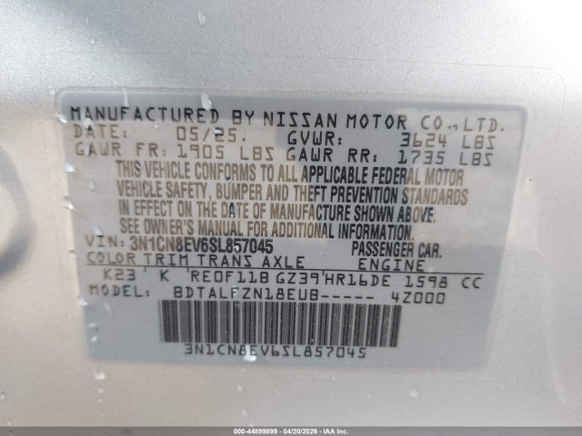 Продажа на аукционе авто 2025 Nissan Versa 1.6 Sv, vin: 3N1CN8EV6SL857045, номер лота: 44899899