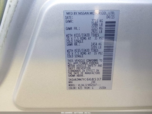 Aukcja sprzedaży 2015 Nissan Pathfinder Platinum, vin: 5N1AR2MN7FC668537, numer aukcji: 44899900