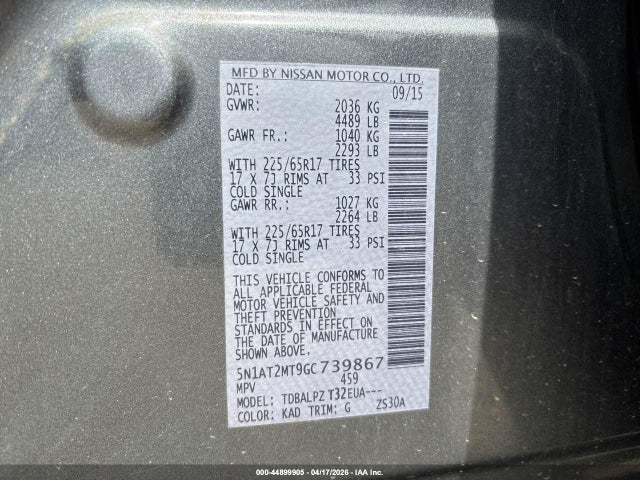 44899905 :رقم المزاد ، 5N1AT2MT9GC739867 vin ، 2016 Nissan Rogue S/sl/sv مزاد بيع