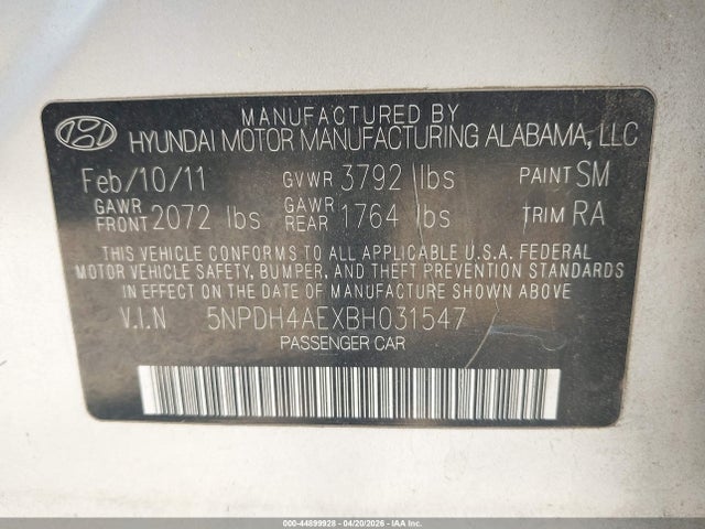 Продажа на аукционе авто 2011 Hyundai Elantra Gls, vin: 5NPDH4AEXBH031547, номер лота: 44899928