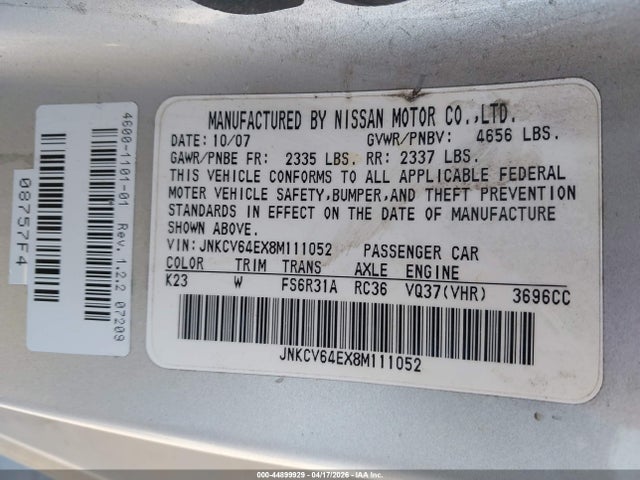 2008 Infiniti G37 Sport მანქანა იყიდება აუქციონზე, vin: JNKCV64EX8M111052, აუქციონის ნომერი: 44899929