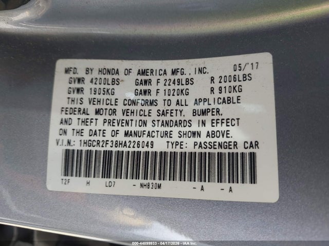 Продаж на аукціоні авто 2017 Honda Accord Lx, vin: 1HGCR2F38HA226049, номер лоту: 44899933
