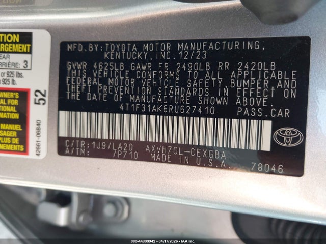 2024 Toyota Camry Hybrid Xle მანქანა იყიდება აუქციონზე, vin: 4T1F31AK6RU627410, აუქციონის ნომერი: 44899942