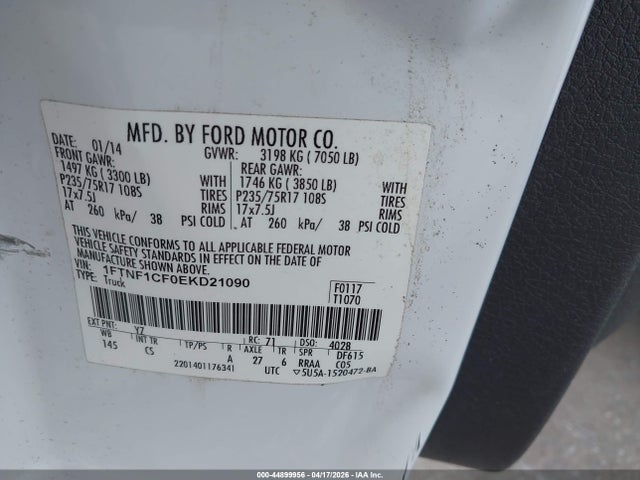 Продажа на аукционе авто 2014 Ford F-150 Xl, vin: 1FTNF1CF0EKD21090, номер лота: 44899956