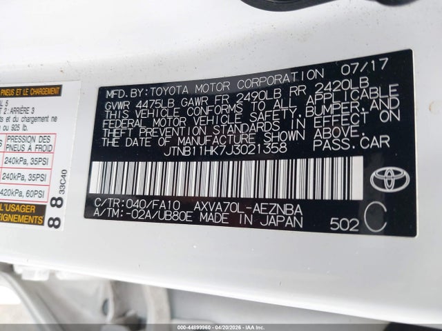 Продаж на аукціоні авто 2018 Toyota Camry Le, vin: JTNB11HK7J3021358, номер лоту: 44899960