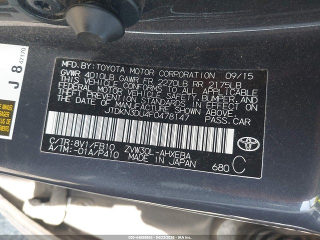 Aukcja sprzedaży 2015 Toyota Prius Two, vin: JTDKN3DU4F0478147, numer aukcji: 44899965