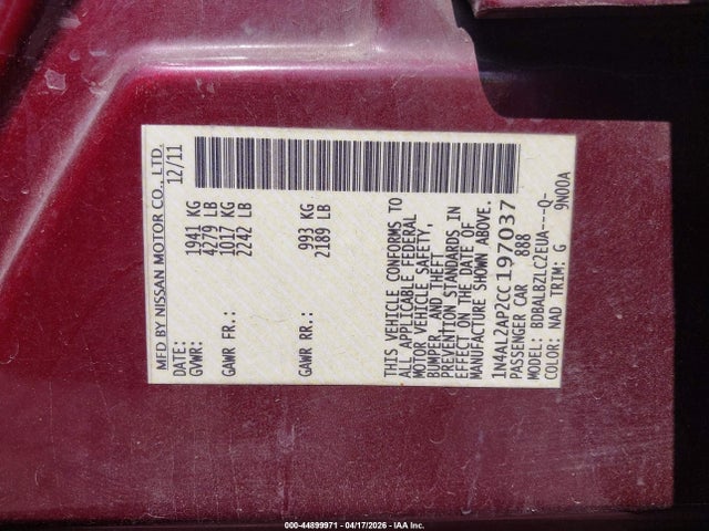 2012 Nissan Altima 2.5 S მანქანა იყიდება აუქციონზე, vin: 1N4AL2AP2CC197037, აუქციონის ნომერი: 44899971