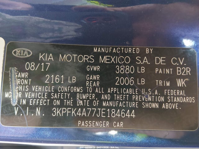Продаж на аукціоні авто 2018 Kia Forte Lx, vin: 3KPFK4A77JE184644, номер лоту: 44899979