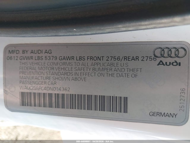 2013 Audi A6 3.0t Premium მანქანა იყიდება აუქციონზე, vin: WAUGGAFC4DN014362, აუქციონის ნომერი: 44899981