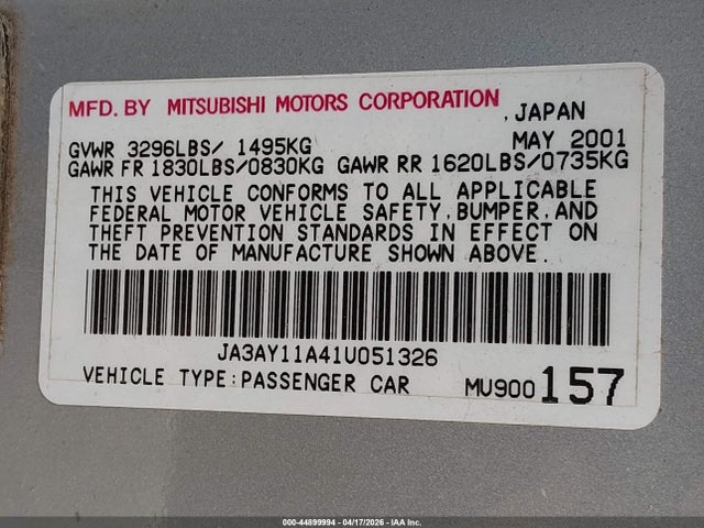 Aukcja sprzedaży 2001 Mitsubishi Mirage De, vin: JA3AY11A41U051326, numer aukcji: 44899994