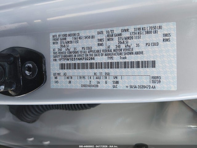 Продаж на аукціоні авто 2022 Ford F-150 Xl, vin: 1FTFW1E51NKF02286, номер лоту: 44900002