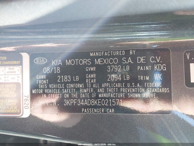 Aukcja sprzedaży 2019 Kia Forte S, vin: 3KPF34AD8KE021571, numer aukcji: 44900003