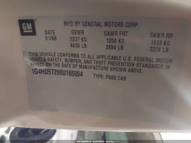 44900010 :رقم المزاد ، 1G4HD57288U165094 vin ، 2008 Buick Lucerne Cxl مزاد بيع