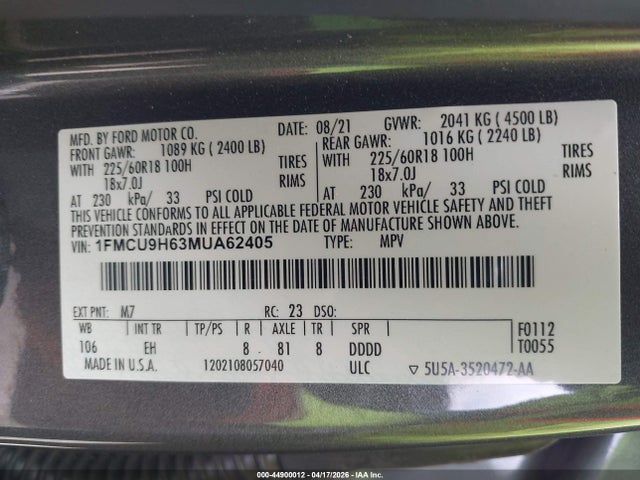 Продаж на аукціоні авто 2021 Ford Escape Sel, vin: 1FMCU9H63MUA62405, номер лоту: 44900012