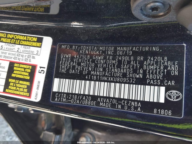 44900020 :رقم المزاد ، 4T1B11HKXKU809532 vin ، 2019 Toyota Camry Le مزاد بيع