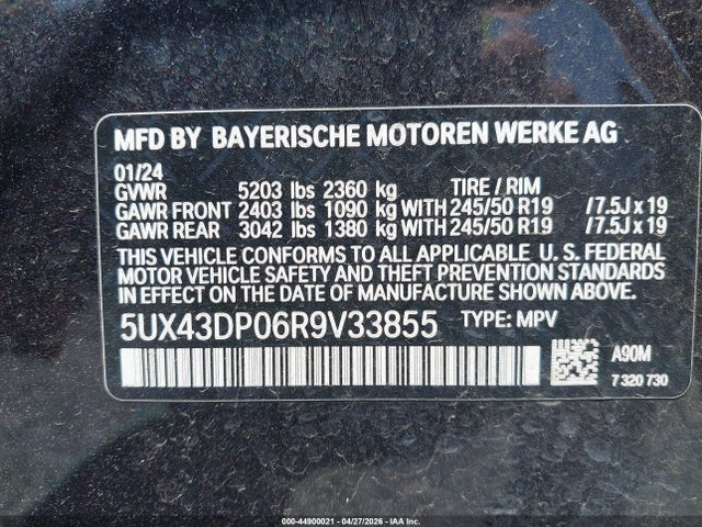 2024 Bmw X3 Sdrive30i მანქანა იყიდება აუქციონზე, vin: 5UX43DP06R9V33855, აუქციონის ნომერი: 44900021