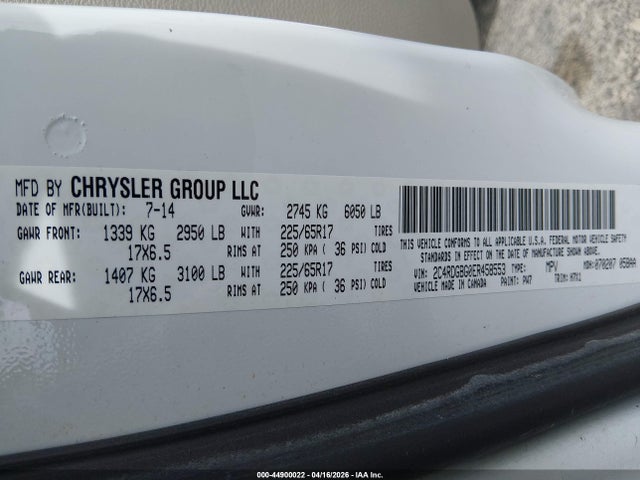 2014 Dodge Grand Caravan American Value Pkg მანქანა იყიდება აუქციონზე, vin: 2C4RDGBG0ER458553, აუქციონის ნომერი: 44900022