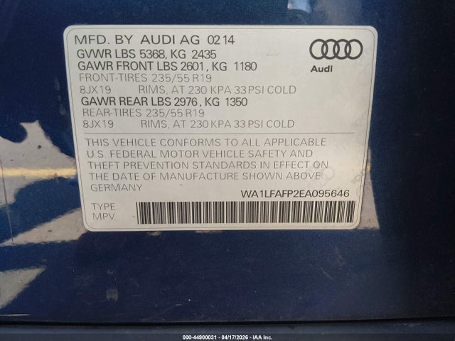 Продажа на аукционе авто 2014 Audi Q5 2.0t Premium, vin: WA1LFAFP2EA095646, номер лота: 44900031