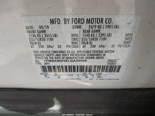Aukcja sprzedaży 2020 Ford Explorer Xlt, vin: 1FMSK8DHXLGA59906, numer aukcji: 44900034