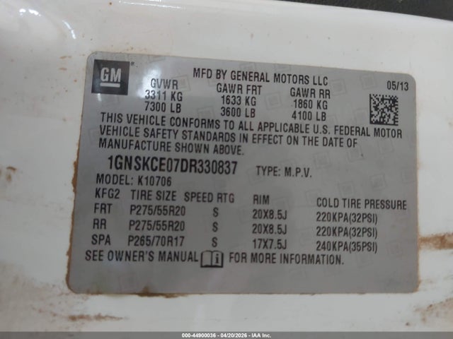 2013 Chevrolet Tahoe Ltz მანქანა იყიდება აუქციონზე, vin: 1GNSKCE07DR330837, აუქციონის ნომერი: 44900036