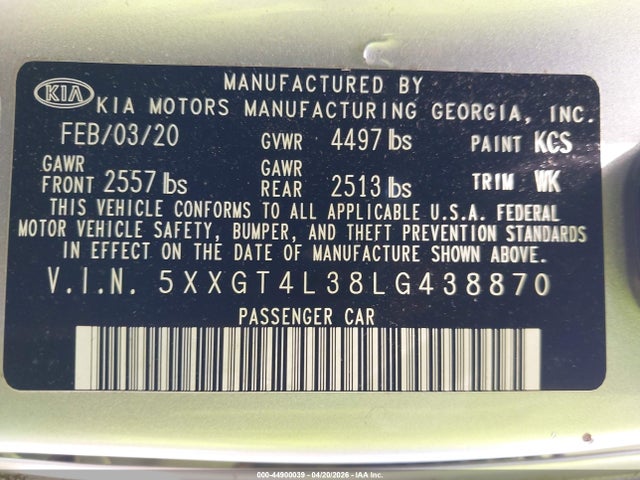 2020 Kia Optima Lx მანქანა იყიდება აუქციონზე, vin: 5XXGT4L38LG438870, აუქციონის ნომერი: 44900039