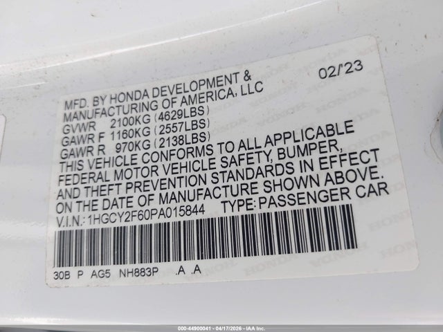 44900041 :رقم المزاد ، 1HGCY2F60PA015844 vin ، 2023 Honda Accord Hybrid Ex-l مزاد بيع
