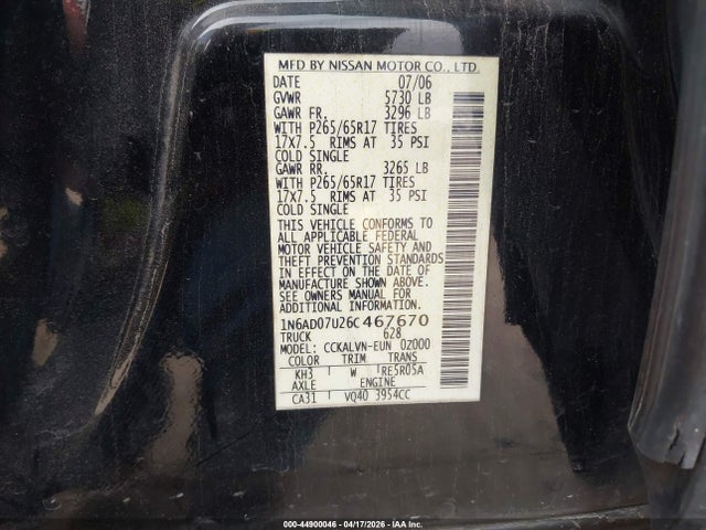 Aukcja sprzedaży 2006 Nissan Frontier Le, vin: 1N6AD07U26C467670, numer aukcji: 44900046