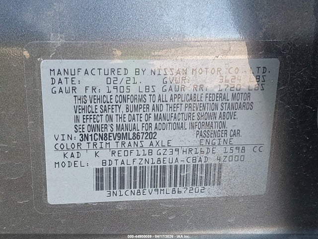44900059 :رقم المزاد ، 3N1CN8EV9ML867202 vin ، 2021 Nissan Versa Sv Xtronic Cvt مزاد بيع