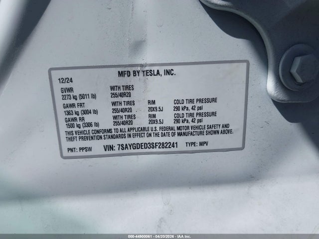 Aukcja sprzedaży 2025 Tesla Model Y Long Range Dual Motor Rear-wheel Drive, vin: 7SAYGDED3SF282241, numer aukcji: 44900061