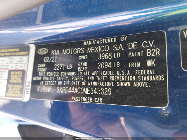 Продажа на аукционе авто 2021 Kia Forte Gt, vin: 3KPF44AC0ME345329, номер лота: 44900063