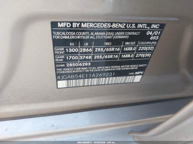Продажа на аукционе авто 2001 Mercedes-benz Ml 320, vin: 4JGAB54E11A269231, номер лота: 44900073